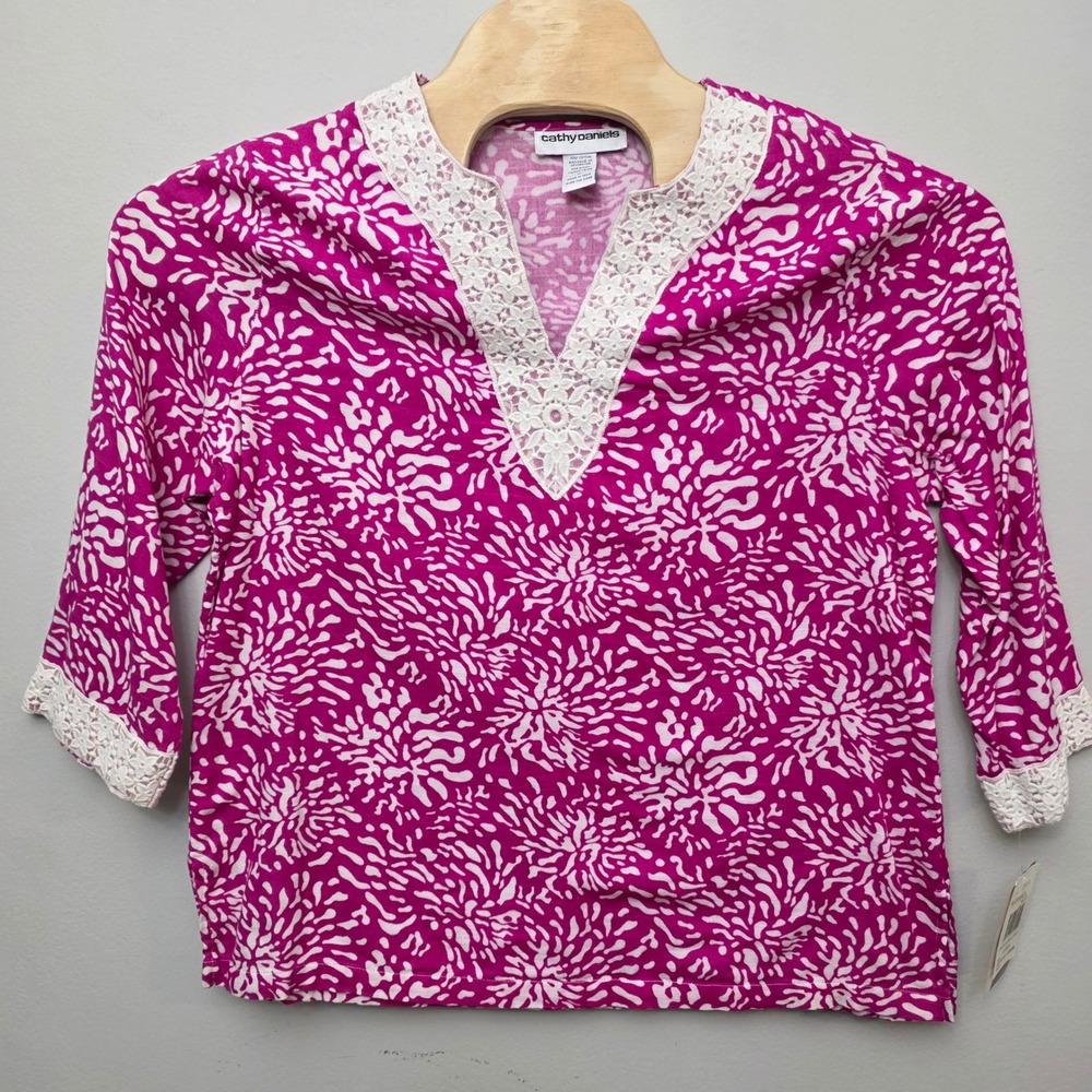 Cathy‎ Daniels Tunic Women L Magenta White Abstract Lace Trim Coastal Resort Top